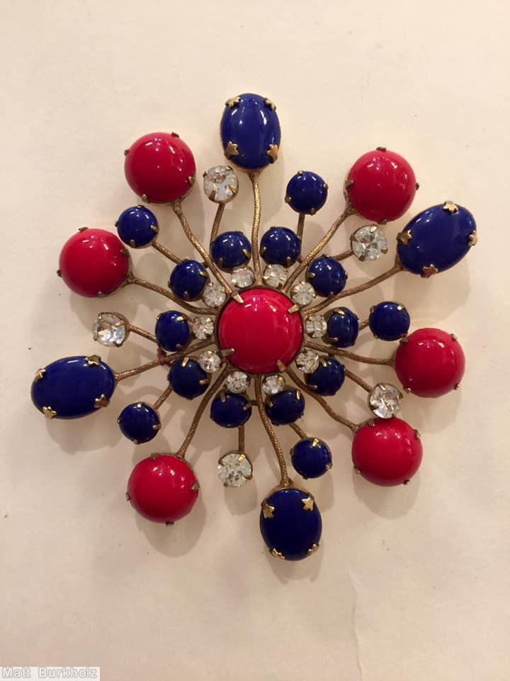 Schreiner starburst pin 10 chaton 4 rounds red blue crystal patriplet jewelry