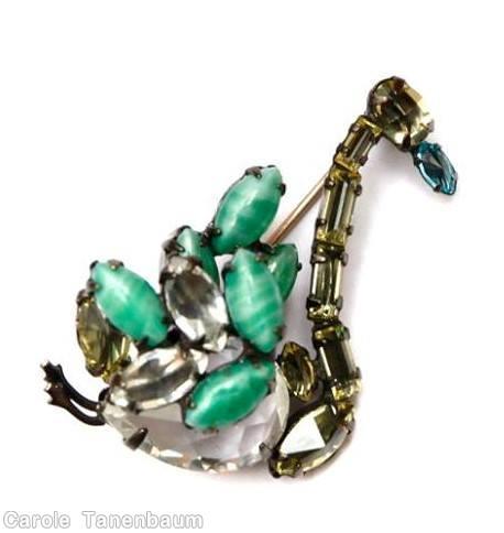 Schreiner swan 2 metal leg large teardrop body crystal faceted large teardrop marbled green blue beak smoke green jewelry