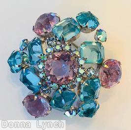 Schreiner swirled domed double triangle pin 6 large surrounding stone 5 floral branch pin faceted teardrop ice aqua ice lavender ab jewelry