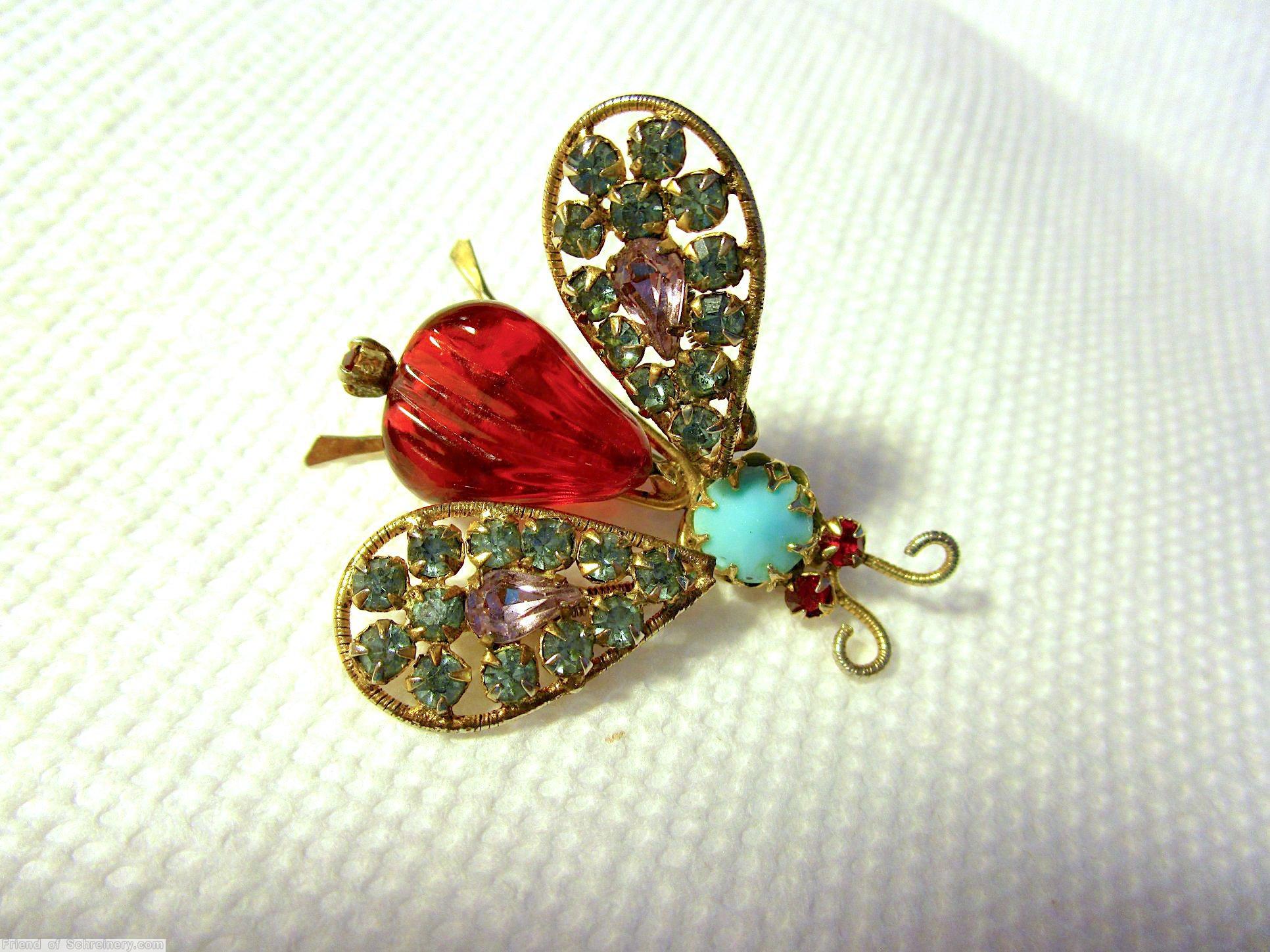 Schreiner trembler bug teardrop body 2 hammered end leg 1 teardrop 12 chaton wired wing chaton head 2 antenna ruby teardrop ice lavender ice blue opaque aqua chaton ruby small chaton goldtone jewelry