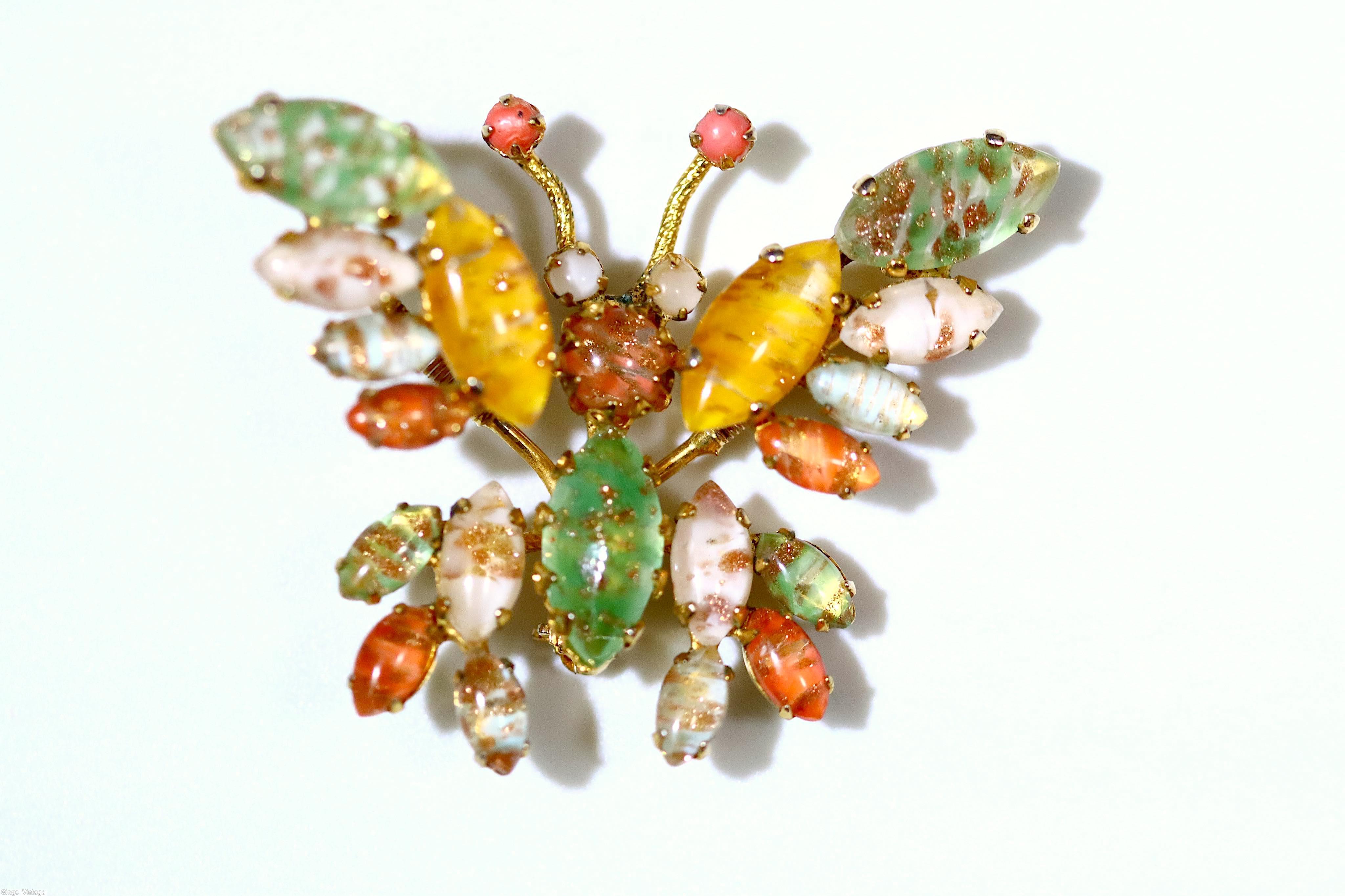 Schreiner trembling wing small butterfly all venetian coral amber green white coral small chaton goldtone jewelry