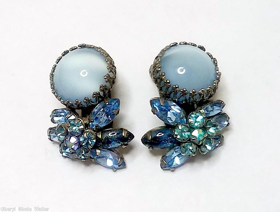 Schreiner 1 large chaton 1 clustered flower varied size 6 navette moonglow blue large chaton ice blue aqua silvertone jewelry