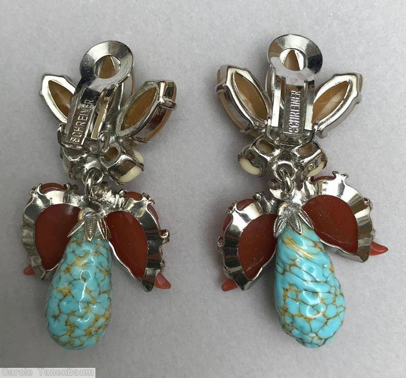 Schreiner 2 carved leaf top down dangling earring 3 navette 2 chaton top 2 leaf 1 bubble bottom dark red carved leaf moonglow ivory navette turquoise teardrop silvertone jewelry