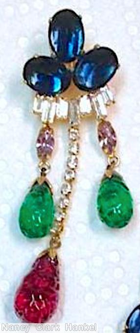 Schreiner 3 dangling top down earring top 3 large oval cab 6 small bagette 2 side teardrop dangle navette middle long small chaton stem large teardrop bead dangle navy blue large oval cab crystal small baguette ice lavender clear small navette crystal small chaton emerald large teardrop ruby large teardrop goldtone jewelry