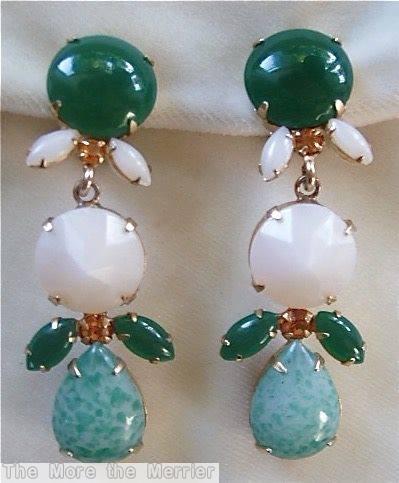 Schreiner 3 part dangling earring teardrop bottom 2 navette chaton middle chaton top 2 navette 2 large chaton 4 small navette emerald moonglow white faceted chaton green speckled teardrop emerald jewelry