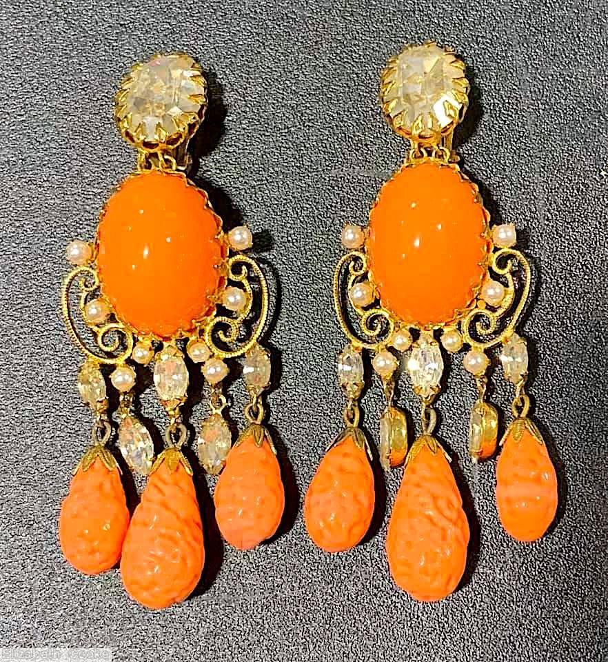 Schreiner 3 part scrollwork dangling earring bottom 3 large teardrop bubble dangle 2 navette dangle large oval cab middle large chaton top faux pearl seeds coral crystal goldtone jewelry