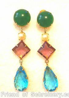 Schreiner 3 parts dangling earring 1 large teardrop bottom large square stone center large chaton top clear aqua ice plum faux pearl opaque emerald goldtone jewelry