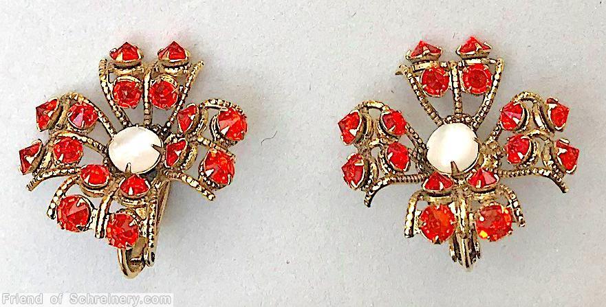 Schreiner 4 lace petal radial earring chaton center coral inverted stone moonglow white chaton center goldtone jewelry
