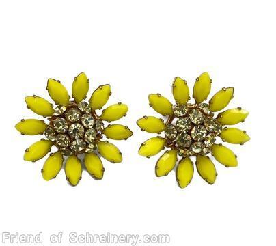 Schreiner clustered ball center 12 navetted radial earring lime navette clear champagne small chaton goldtone jewelry