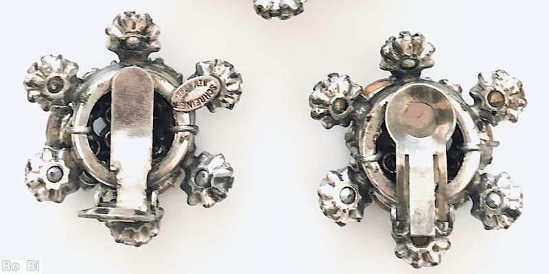 Schreiner clustered ball center radial earring 6 surrounding chaton 3 swirling navette smoky chaton topaz navette silvertone jewelry