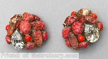 Schreiner domed round end of day earring 1 large teardrop 1 large navette 1 large oval cab matrix coral crystal large faceted teardrop coral small chaton peach venetian carnelian navette goldtone jewelry