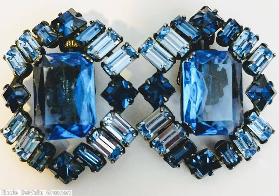 Schreiner hexagon shaped earring large emerald cut center 4 small square 12 baguette blue ice blue sapphire jewelry