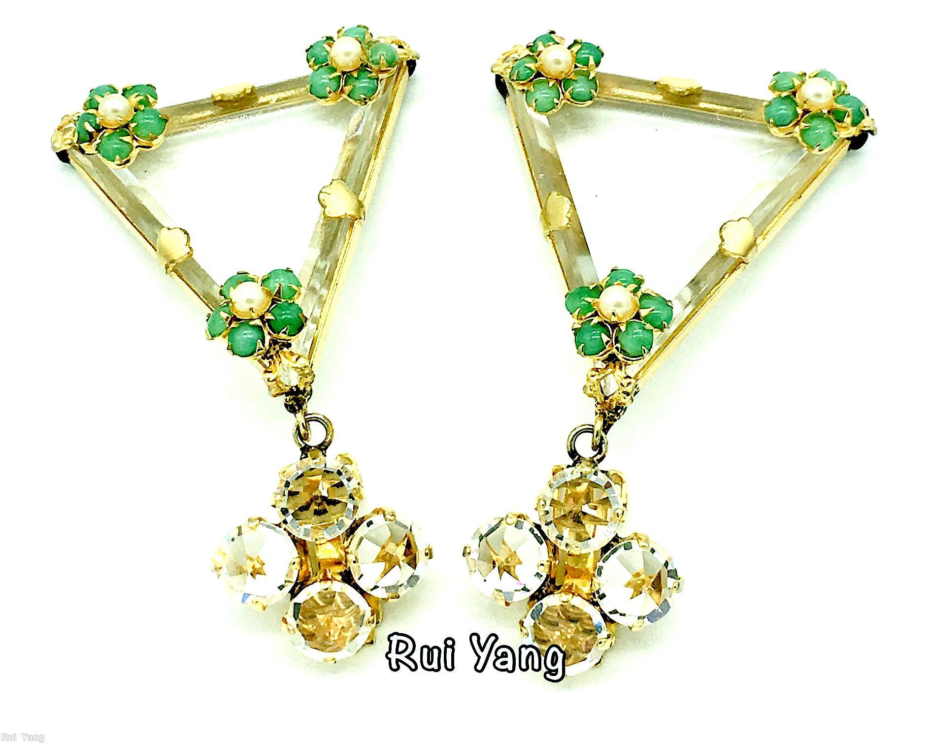 Schreiner large faceted openback triangle crystal dangling earring 3 flower head 4 chaton top crystal green faux pearl goldtone jewelry