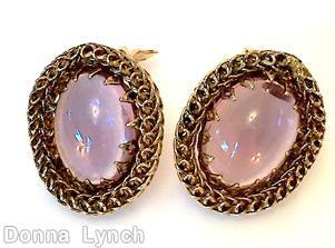 Schreiner oval shaped earring 1 large oval cab center surrounding metal mesh chain pale plum goletone jewelry