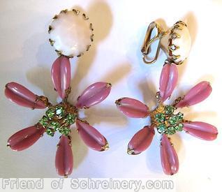 Schreiner radial 6 petal dangling earring 1 large chaton top 7 small chaton center floral metal back opaque pink petal stone white rose cut large chaton goldtone green jewelry