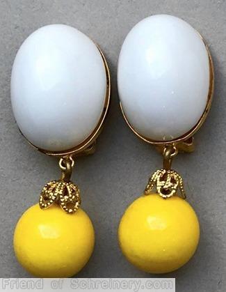 Schreiner top down 2 part dangling earring large oval cab top round globe down milk white large oval cab yellow globe goldtone jewelry
