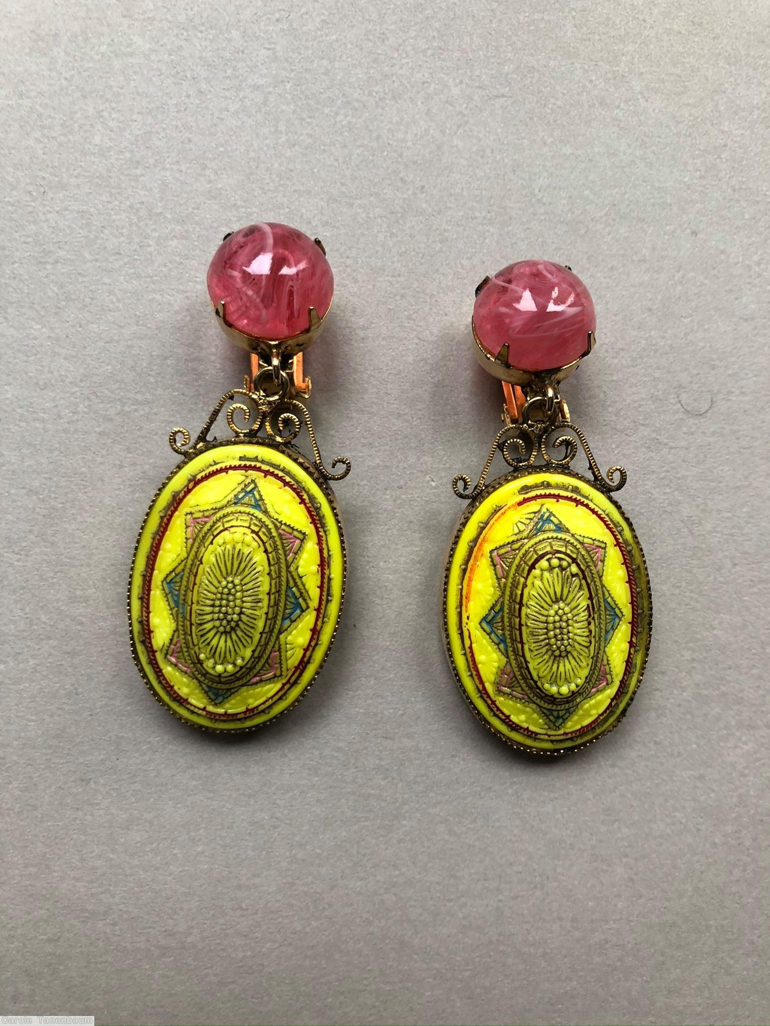 Schreiner top down dangling earring top 1 round cab bottom large oval moroccan tile scollwork yellow moroccan disc marbled pink round cab goldtone jewelry