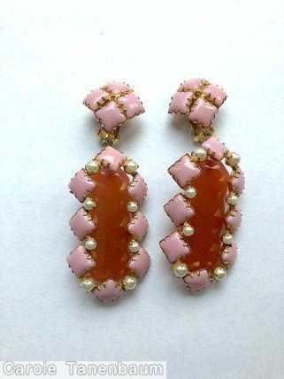 Schreiner top down earring bottom elongated hexagon stone surrounding 8 small square stone 8 faux pearl seeds top 4 small square stone opaque pink small square stone carnelian elongated hexagon goldtone jewelry