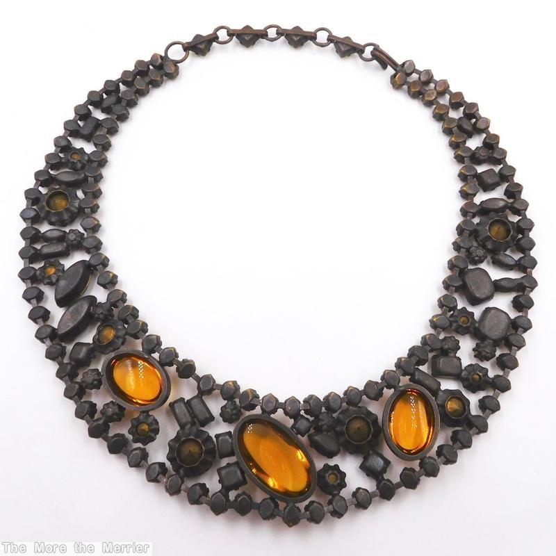 Schreiner 2 chain of small square stone 3 large oval open back cab amber brown light yellow japanned jewelry