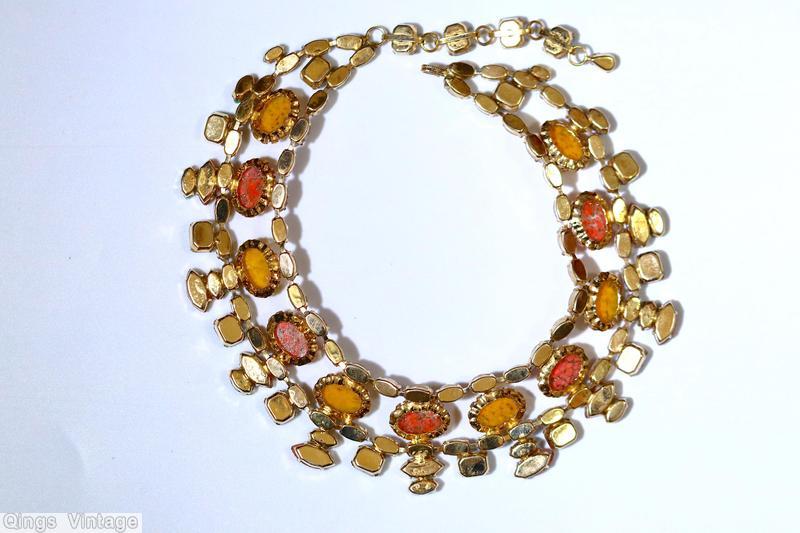 Schreiner 2 navette strand 11 large oval cab necklace small square stone navette all venetian coral amber aqua green white goldtone jewelry