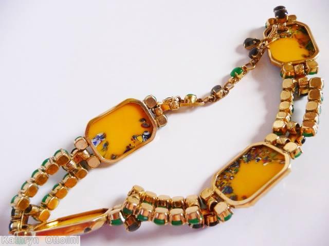 Schreiner 2 strand 4 large rectangle millefiori chain of chaton emerald goldtone jewelry