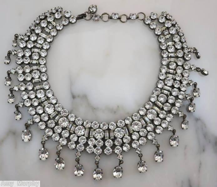 Schreiner 4 rounds bib small chaton slim baguette 19 dangle silvertone crystal jewelry