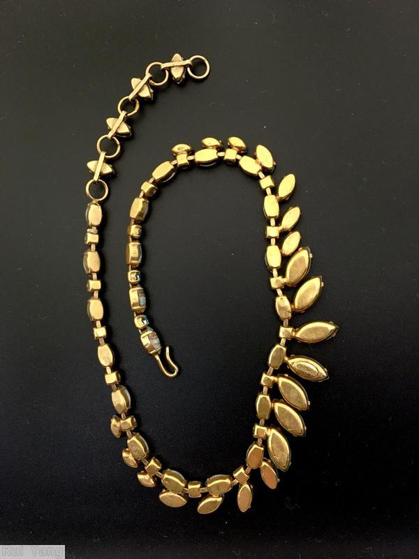 Schreiner single chain radial navette necklace 41 stone chain 21 varied size navette aqua venetian aqua goldtone jewelry