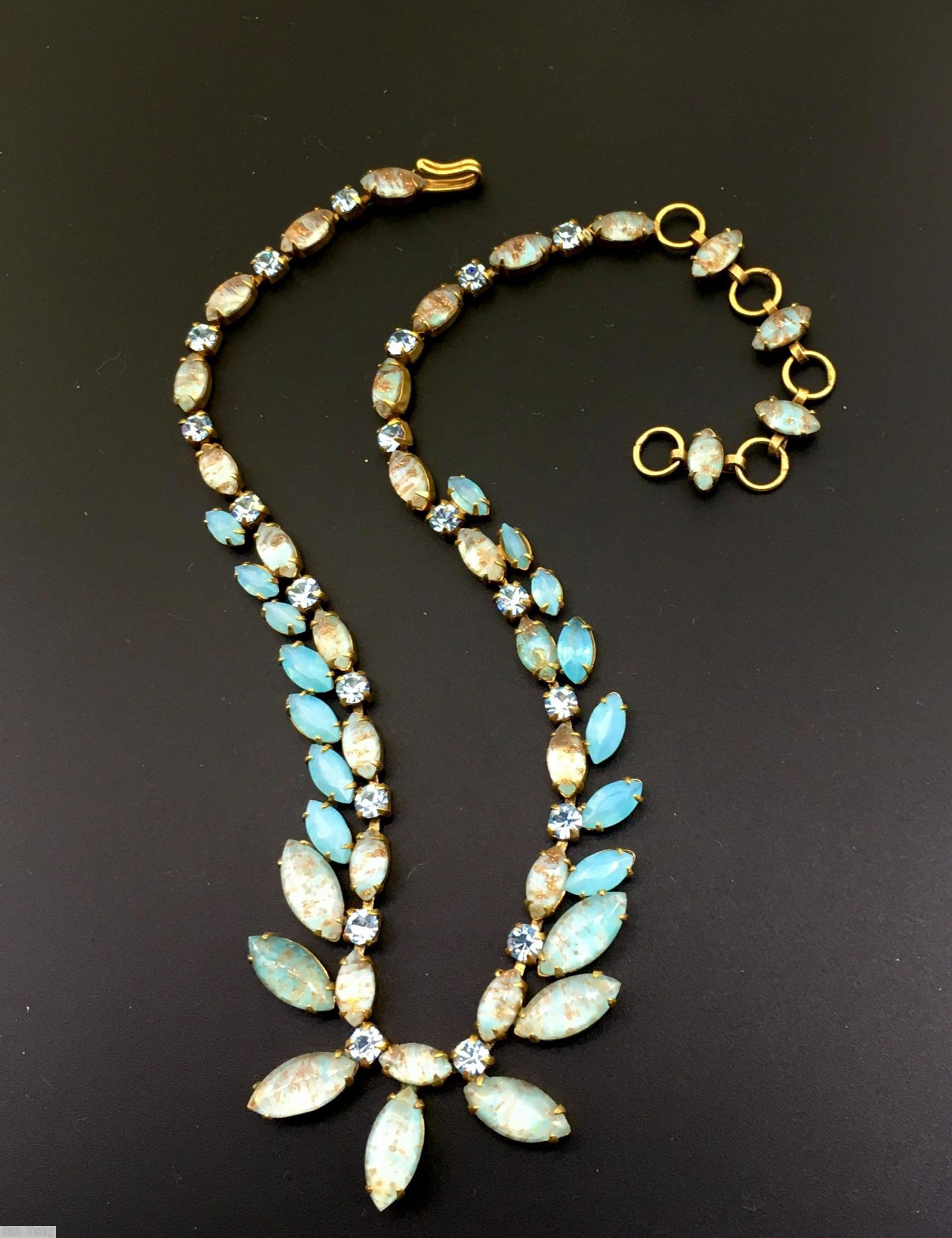 Schreiner single chain radial navette necklace 41 stone chain 21 varied size navette aqua venetian aqua goldtone jewelry