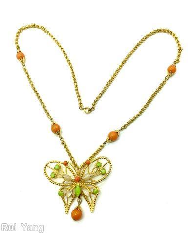 Schreiner single slim metal mesh chain wired butterfly pendant 1 dangle goldtone coral celery green jewelry
