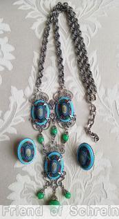 Schreiner 3 oval moroccan tile filigree 3 bead 3 dangle baby blue moroccan tile green silvertone jewelry