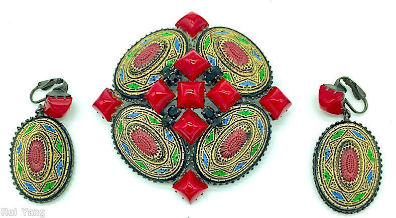 Schreiner 4 large oval cab sided domed pin 5 square stone center total 9 square stone ruby square stone jet moroccan tile large oval gold red blue green jewelry