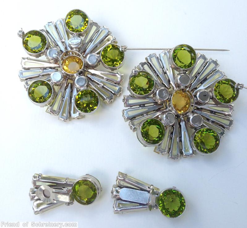 Schreiner 5 group 15 keystone radial ruffle pin large chaton center 5 large chaton 5 small chaton clear champgne keystone peridot inverted chaton amber faceted chaton center coral jewelry