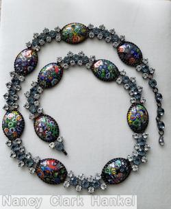 Schreiner 10 large oval stone connected by 3 chaton and 8 small chaton large oval millefiori crystal smoky blue inverted gunmetal jewelry