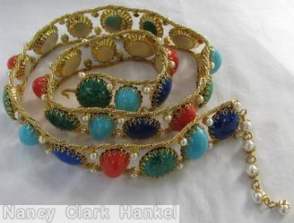 Schreiner 2 strand 14 large disc 13 oval stone total 27 stone faux pearl lapis emerald opaque coral opaque baby blue goldtone jewelry