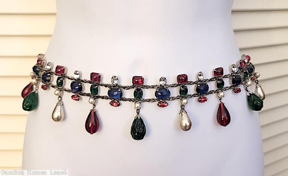 Schreiner 2 strand drippy teardrop dangle belt lumpy emerald teardrop faux pearl ruby teardrop navy oval cab ruby emerald cut crystal chhaton navy oval cab twisted metal strand silvertone jewelry