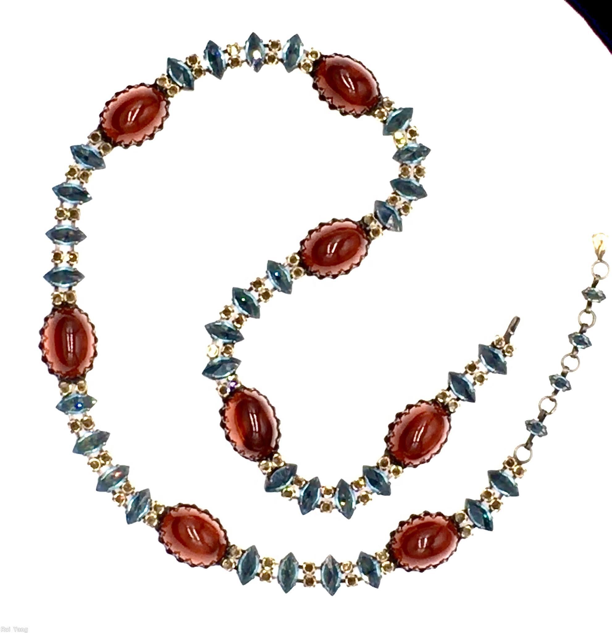 Schreiner 8 large oval cab connected by 4 navette 10 small chaton smoky blue brown jewelry