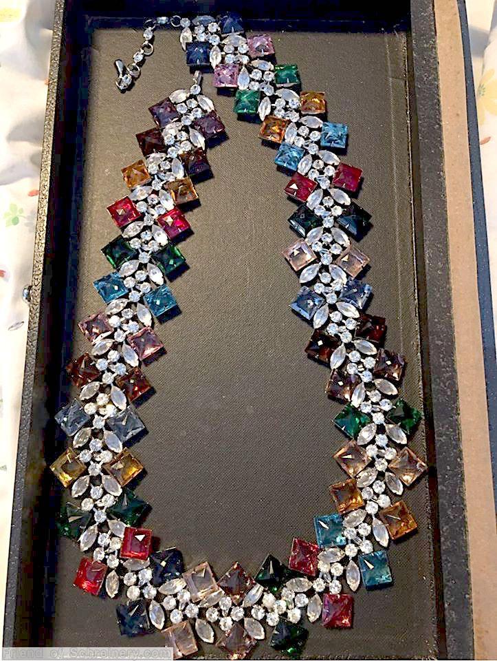 Schreiner chain of navette 64 square stone crystal navette inverted small crystal multicolored square stone ruby pink blue dark green topaz peach pale blue navy jewelry