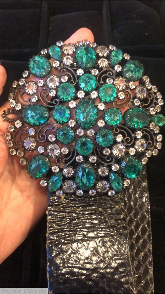 Schreiner giant round scroll work deco buckle 9 large oval cab 8 surrounding chaton 4 small navette emerald crystal black snake skin belt jewelry