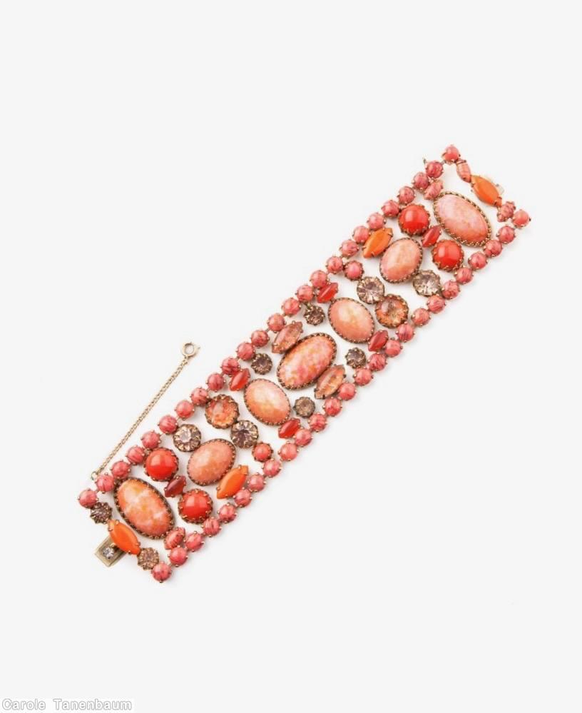 Schreiner 13 row 7 large oval cab bracelet small chaton border some row horizontal large oval cab some row vertical oval cab round cab small navette marbled large coral oval cab carnelian small navette smoky small chaton coral small chaton goldtone jewelry