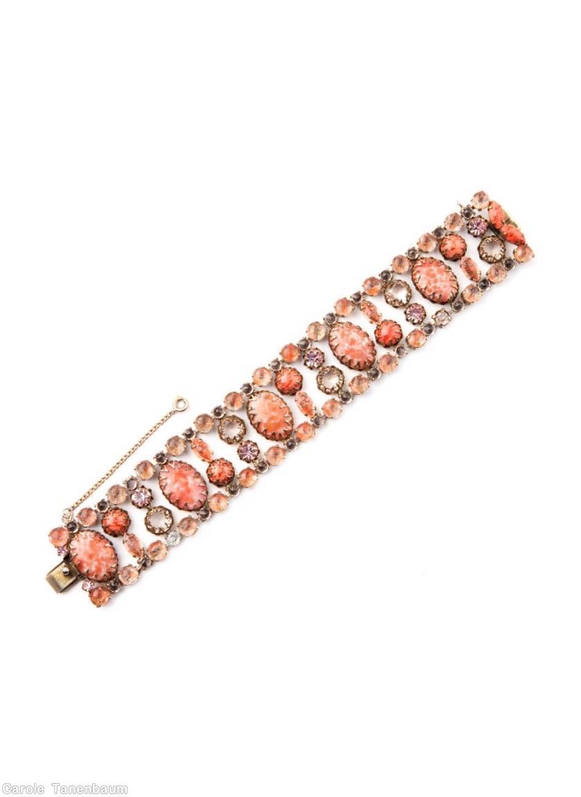 Schreiner 16 row 5 large oval cab bracelet bordered small chaton small round cab navette row 2 chaton row large marbled coral oval cab peach small oval stone crystal small chaton jewelry