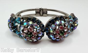 Schreiner 2 half clustered ball of chaton clamper green pink small chaton blue navette silvertone jewelry