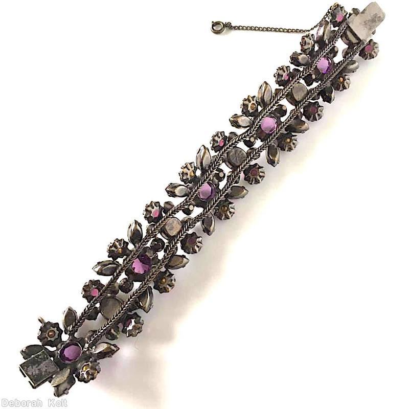 Schreiner 2 strand 5 large chaton 5 oval stone center row small chaton navette side row purple large faceted chaton pink faceted oval stone olivine pale lavender jewelry