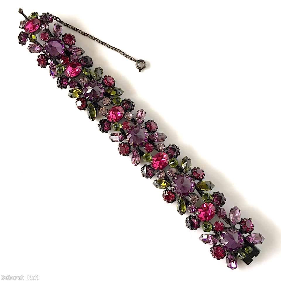 Schreiner 2 strand 5 large chaton 5 oval stone center row small chaton navette side row purple large faceted chaton pink faceted oval stone olivine pale lavender jewelry