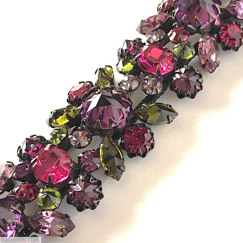Schreiner 2 strand 5 large chaton 5 oval stone center row small chaton navette side row purple large faceted chaton pink faceted oval stone olivine pale lavender jewelry