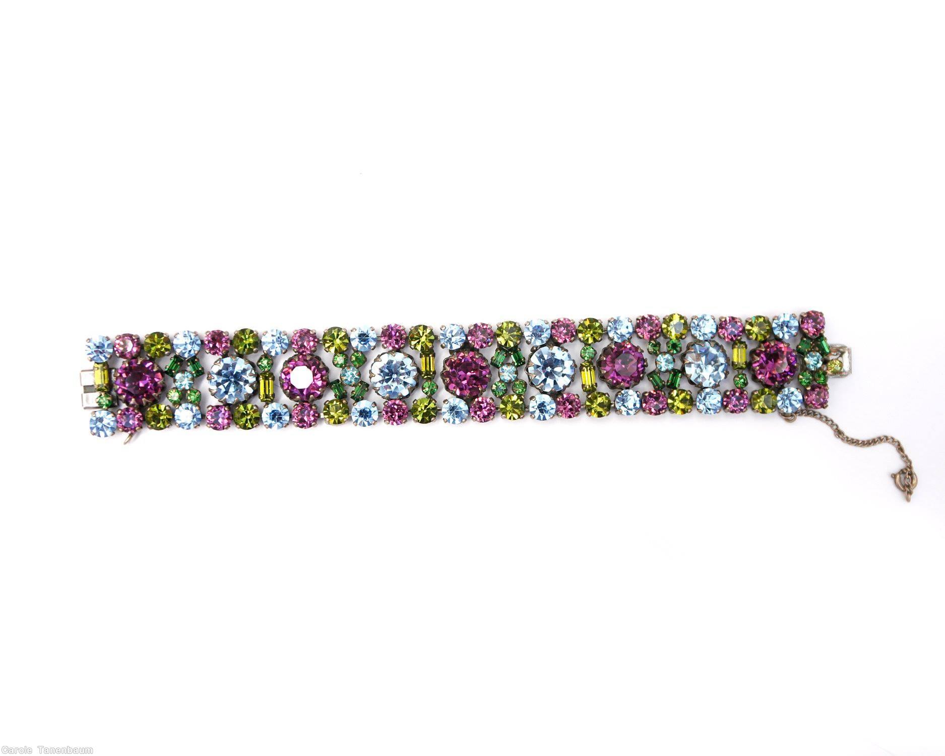 Schreiner 3 row 9 chaton center small chaton navette ice blue purple peridot green jewelry