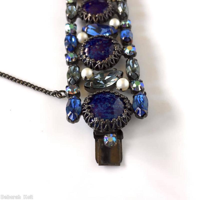 Schreiner 3 row 7 large round cab 7 tilted navette center row faux pearl navette small chaton side row lapis large round cab ab blue crystal jewelry