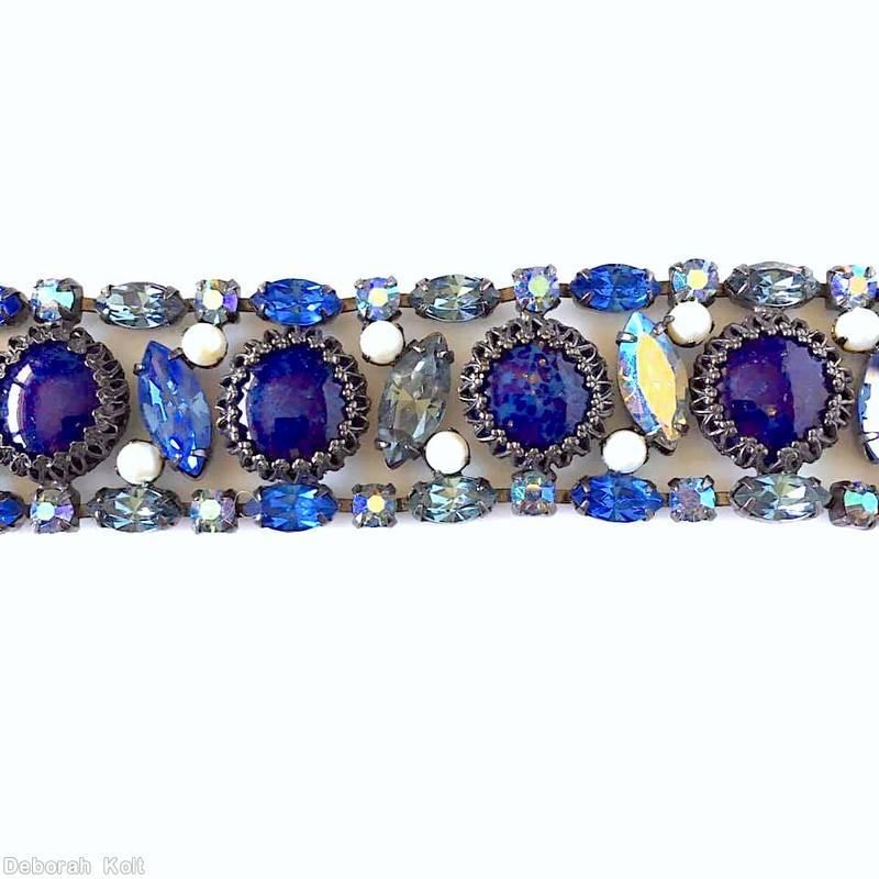 Schreiner 3 row 7 large round cab 7 tilted navette center row faux pearl navette small chaton side row lapis large round cab ab blue crystal jewelry
