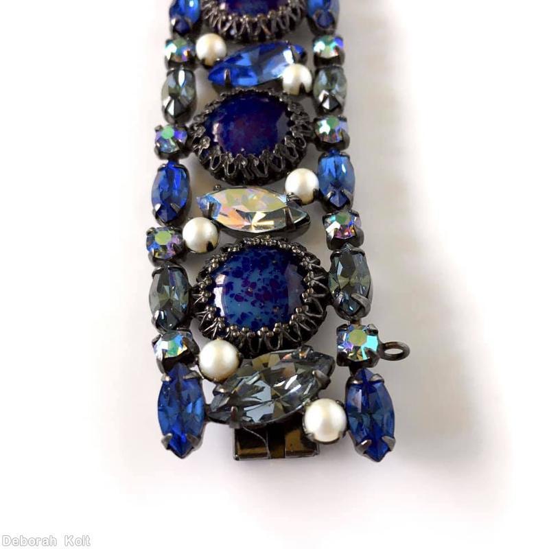 Schreiner 3 row 7 large round cab 7 tilted navette center row faux pearl navette small chaton side row lapis large round cab ab blue crystal jewelry