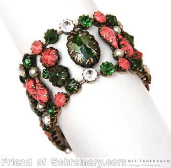 Schreiner 4 large oval stone 13 column bracelet matrix coral dark green faux pearl crystal jewelry