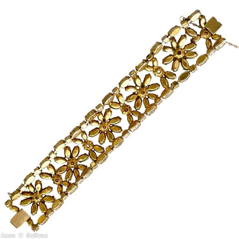 Schreiner 5 flower bracelet each flower 8 navette small chaton center 12 navette border 12 chaton striped pink navette green navette coral opaque chaton goldtone jewelry